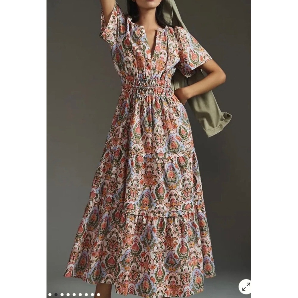 Anthropologie Somerset Maxi Dress Paisley Floral Smocked Waist V-Neck Medium